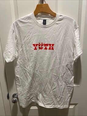 YUTH Men's White Graphic Tee with Red Logo NWOT
